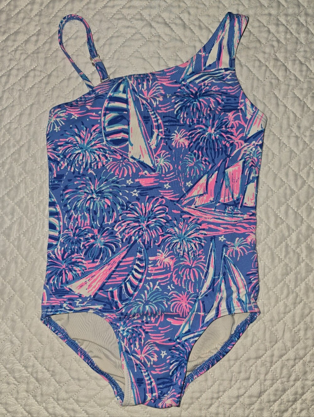 Lilly Pulitzer Girls One-Shoulder Sailboat Print Swimsuit in Blue & Pink